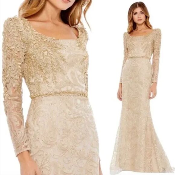Mac Duggal 11187 Gold Embroidered Lace Applique Shoulder Trumpet Gown Size 10 18 - Picture 1 of 11